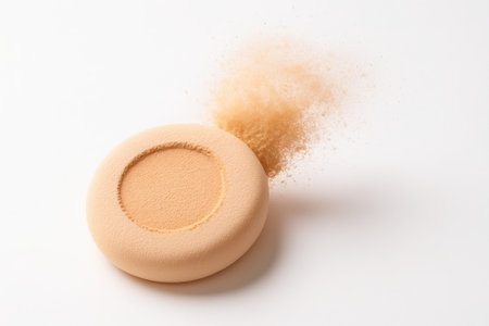Makeup powder pressed with soft puff leaving round imprint and floating dust cloud on white background for cosmetic beauty and foundation themesの素材