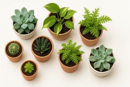 Potted plants top down centered radial fan of various pots on white background isolated indoor greenery concept for modern home decor and layout designの素材