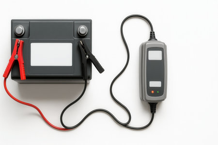 AGM car battery with automatic charger top down flat lay centered on white background for automotive power maintenance service and repair themesの素材