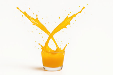 Two intersecting mango juice streams colliding mid air diagonal cross on white background with splash fragments for beverage drink and summer themesの素材