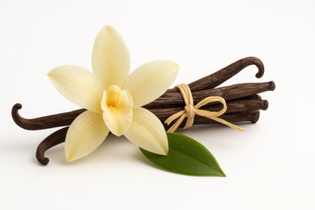 Vanilla flower and bundle of pods neatly tied three quarter front view on white background for baking dessert flavor and culinary branding themesの素材