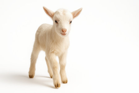 Baby goat kid walking forward eye level three quarter front view with hoof lifted on white background friendly farm animal conceptの素材