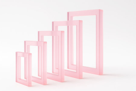 Translucent pink acrylic frames cascading like steps side view on white background for gallery mockup photo border and modern decor themesの素材