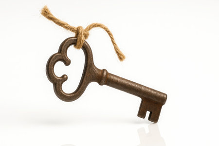 Old vintage key mid air rotational tilt on white background natural jute tied through bow for security access antique decor and nostalgic design themesの素材