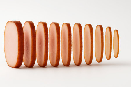 Sliced smoked ham standing upright in parallel rows side view on white background for deli meat charcuterie platter restaurant menu and packaging themesの素材