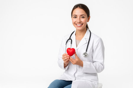 Cheerful young female doctor with red heart model on clean white background medical cardiology and healthcare compassion concept for clinic promotion insurance ads and wellness campaignsの素材