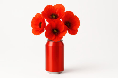 Close up red cola can filled with poppies on clean white background creative floral concept for eco reuse packaging anti plastic campaign and modern drink advertising visualsの素材