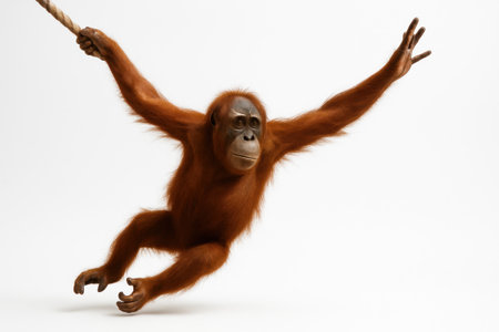 Orangutan hanging from rope on pure white background dynamic wildlife studio scene for conservation campaign zoo education rainforest protection and animal rights awareness design projectsの素材