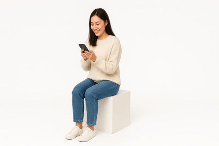 Young Asian woman sitting on white cube holding smartphone in both hands on clean white background modern digital lifestyle portrait for social media app promotion and tech brandingの素材