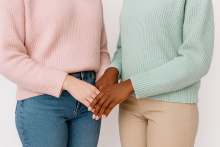 Cropped torsos of two women in soft pastel sweaters on white background cozy fashion detail for knitwear style diversity friendship and modern clothing branding designの素材