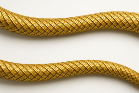 Gold serpent king tail sections with crossed scale pattern placed parallel on bright white background flat lay statue texture for temple art and decorative designの素材