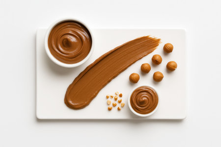 Hazelnut cream in white bowl on narrow plate with diagonal brush stroke on pure white background dessert topping concept for bakery menu confectionery branding and sweet food designの素材