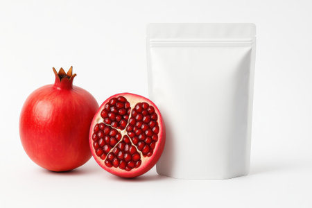 Whole ripe pomegranate and cut half beside blank white stand up pouch on clean background superfood packaging concept for juice snack cosmetic ingredient and healthy brand designの素材
