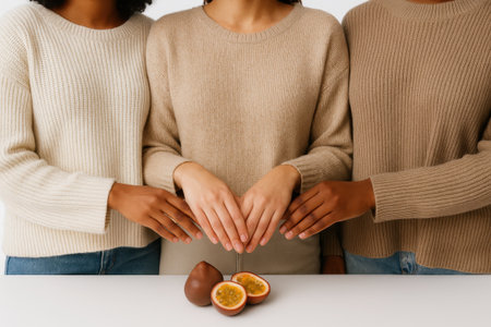 Three diverse women torsos in cozy knitted sweaters on pure white background fashion detail portrait for knitwear diversity unity and modern womens clothing brandingの素材