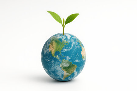Small blue planet earth with green plant sprout growing on top on pure white background global ecology concept for climate awareness sustainability education and environmental designの素材