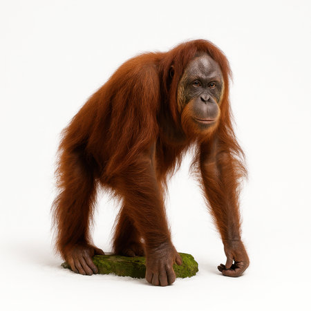 Adult orangutan standing on all fours on small mossy log three quarter side view isolated on bright white background tropical wildlife image for conservation education and rainforest habitat designの素材