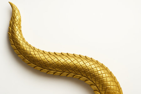 Gold serpent king statue tail with crossed scale pattern placed diagonally on white background close up metallic naga texture for temple art mythology and decorative designの素材