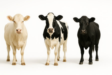 Three full body cows including Holstein Friesian Angus and Charolais standing side by side on seamless white background livestock agriculture image for meat dairy farm and breed designの素材