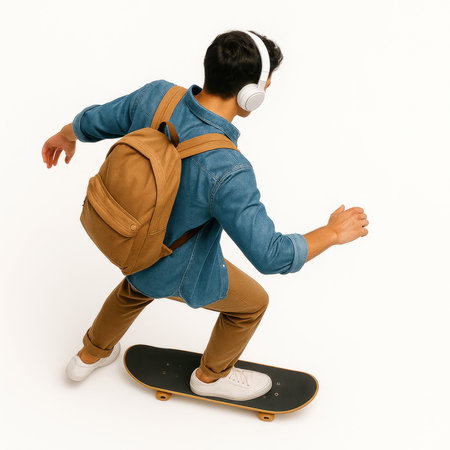 Stylish young man with headphones and compact backpack riding skateboard seen from above on white background overhead urban skater image for music app youth lifestyle and sport designの素材