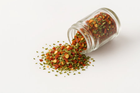 Small clear glass jar on its side with spicy herbs and dried chili spilling onto white background hot seasoning ingredient image for kitchen recipe blog and food styling designの素材