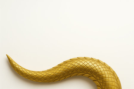 Gold serpent king tail with crossed scale pattern curved along bottom edge on clean white background decorative naga border image for temple art mythology and luxury designの素材