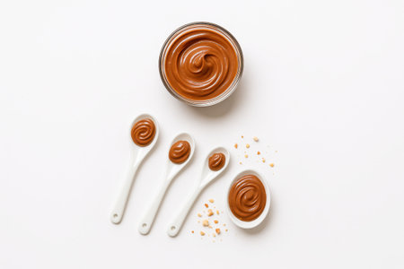 Top down studio image of glass jar filled with hazelnut cream centered on white background three white spoons with cream samples arranged in fan for dessert tasting and sweet brandingの素材