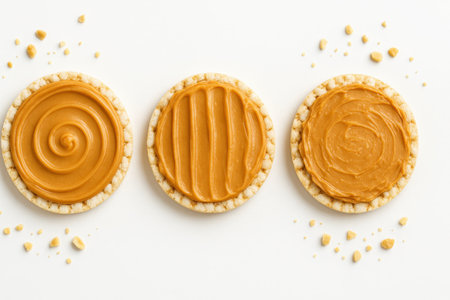 Top down view of three round whole grain rice cakes with different peanut butter patterns on white background healthy snack concept for diet menu and breakfast designの素材