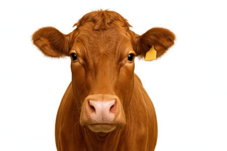 Veterinary health portrait of brown cow with clear eyes and pink nose facing forward on pure white background professional livestock image for dairy meat welfare and farm designの素材