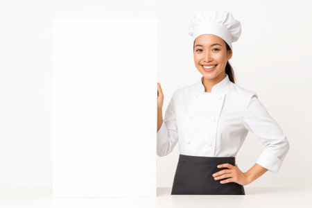 Smiling young female chef in white jacket and dark apron standing beside blank vertical menu board on pure white background restaurant promotion concept for cafe specials and food brandingの素材