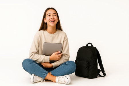 Happy teen IT student girl in sweater jeans and sneakers sitting cross legged on white floor with backpack and closed laptop on lap education technology and online learning lifestyleの素材