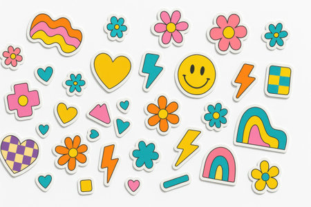 Flat lay Y2K retro badges and groovy stickers scattered across pure white background with glossy playful graphic elementsの素材