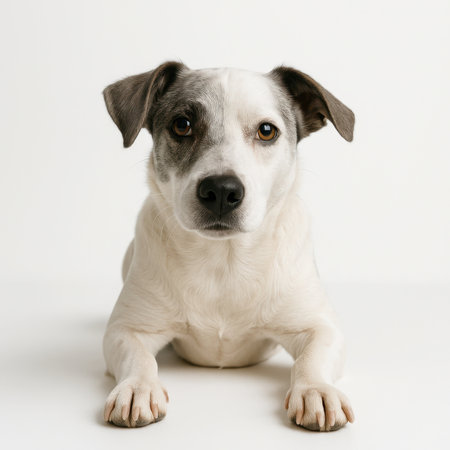 Close up mixed breed dog with white and gray fur one floppy ear lying on smooth white surface front paws visible head slightly tiltedの素材