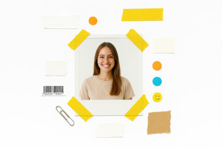 Studio flat lay collage frame with small printed portrait of smiling young woman fixed by strip of yellow tapeの素材