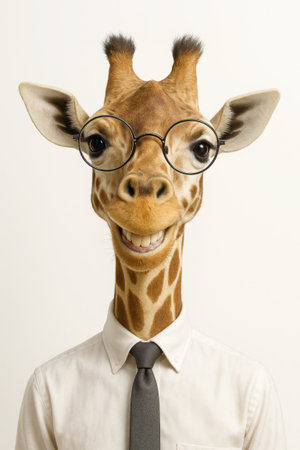 Studio portrait cheerful giraffe head and upper neck looking at camera with big friendly smile wearing simple round glassesの素材