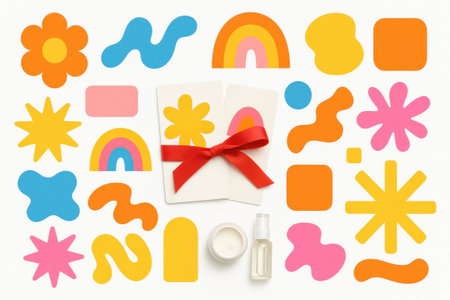 Flat lay colorful groovy retro shapes and abstract figures in loose grid on pure white backgroundの素材