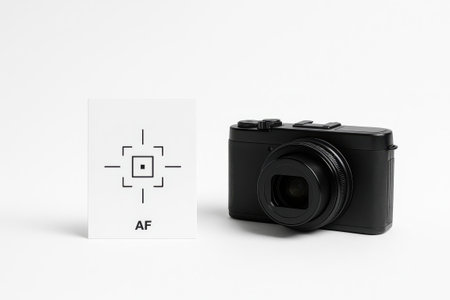 Studio image camera autofocus screen printed on small white card with central focus cursor and crosshair lines on white backgroundの素材