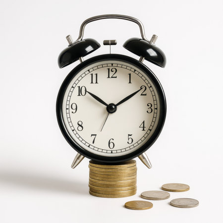 Retro alarm clock perched on wide flat stack of coins with loose coins scattered in foreground on pure white backgroundの素材