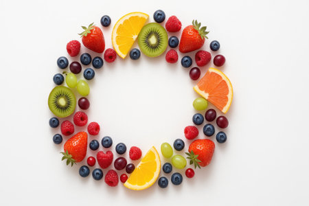 Rectangular white wooden serving board covered with assorted sliced fruits and small berries on bright white backgroundの素材