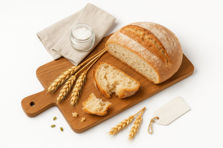Country bread loaf on wooden cutting board with torn rustic piece wheat ears and small glass jar of sea saltの素材
