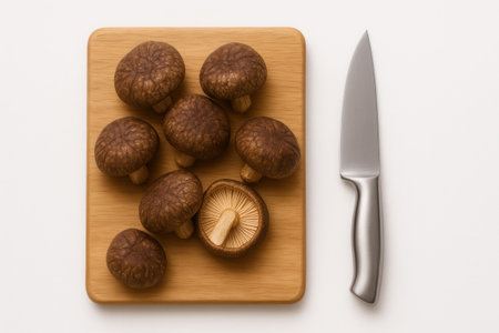 Several shiitake mushrooms on rectangular wooden cutting board with one cap sliced to show gills and chef knifeの素材