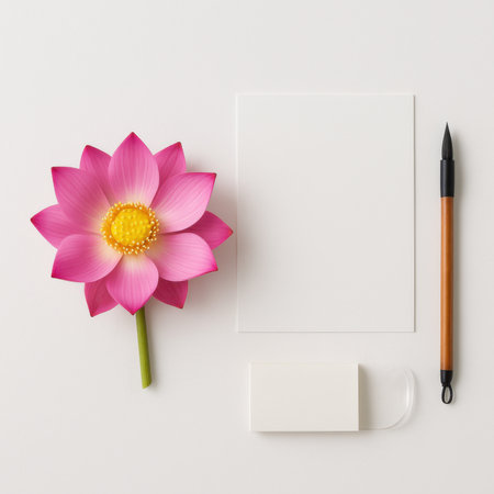 Pink lotus flower lying beside blank white rectangular card and traditional calligraphy brush with wooden handle on white backgroundの素材