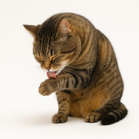Close up European shorthair cat with tabby markings licking top of raised front paw while sitting on smooth white surfaceの素材