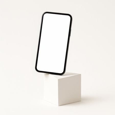 Studio photo modern smartphone with blank white screen balanced upright on sharp front edge of small white cube pedestalの素材