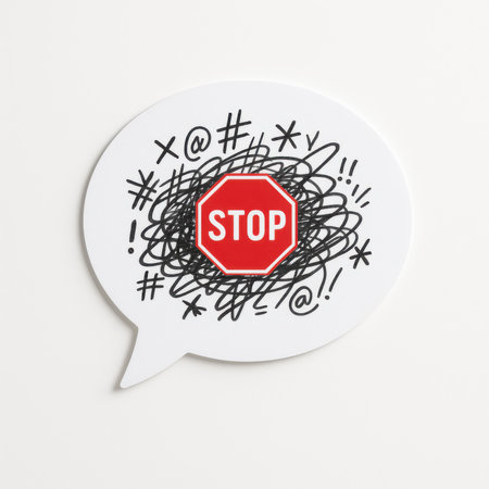 White speech bubble cutout with messy black scribbles and red stop sign symbol on clean white backgroundの素材