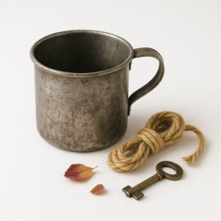 Empty old metal camping cup with worn scratches and dark patina beside bundle of frayed rope and brass keyの素材