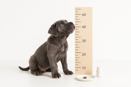 Young Cane Corso puppy with blue gray coat standing beside simple vertical growth chart board on white backgroundの素材