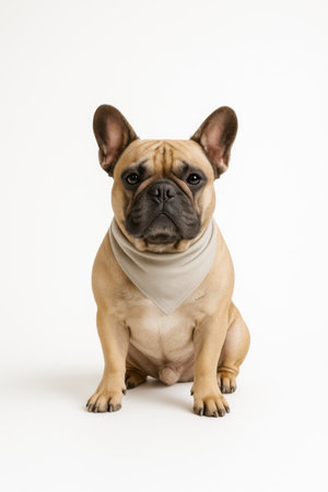 Adult French Bulldog sitting on smooth white surface wearing simple light gray bandana looking calmly at cameraの素材