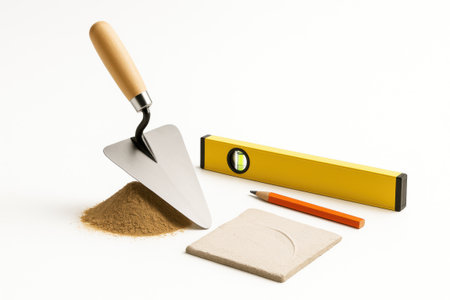 Construction trowel with wooden handle balanced on mound of dry sand beside yellow spirit level and carpenter pencilの素材