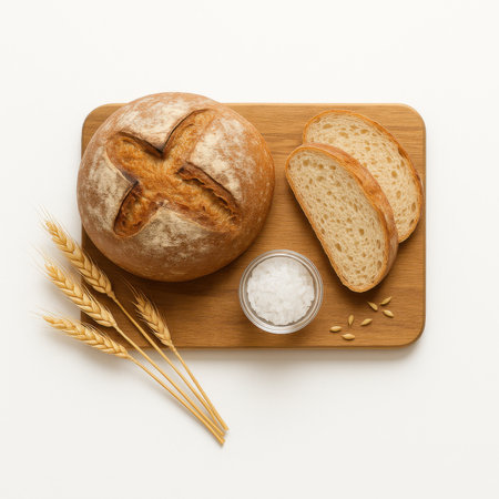 Rustic round bread loaf with two slices on wooden cutting board with wheat ears and small glass jar of coarse salt on white backgroundの素材