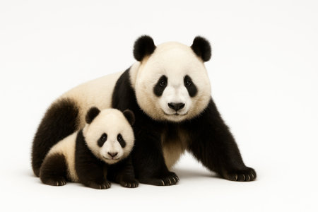Giant panda mother lying on white surface with small panda cub resting against her side both facing camera in soft lightの素材